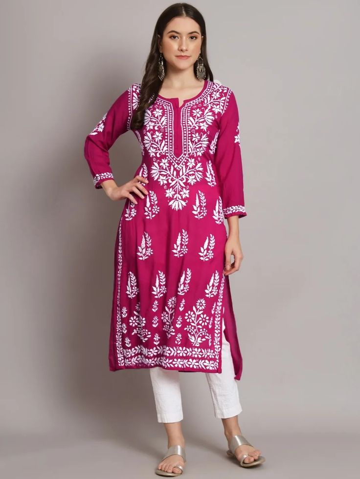RAANI PINK PURE COTTON LONG HANDWORK KURTI.