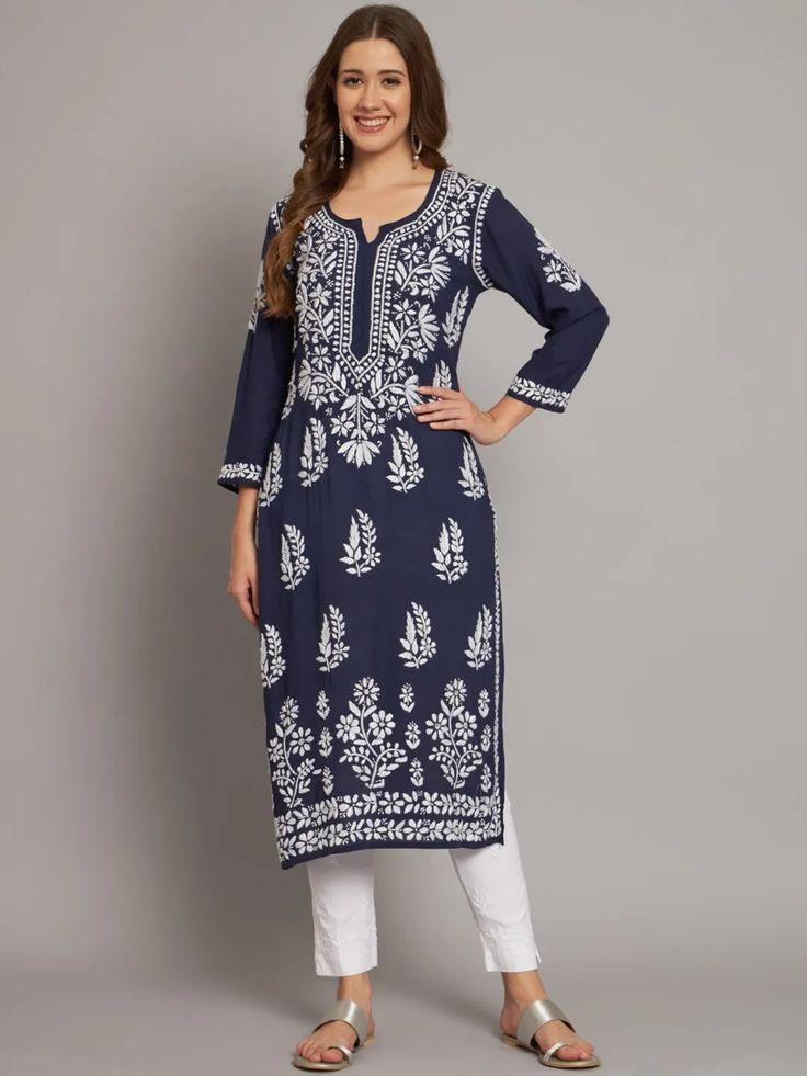 NAVY BLUE PURE COTTON LONG HANDWORK KURTI.