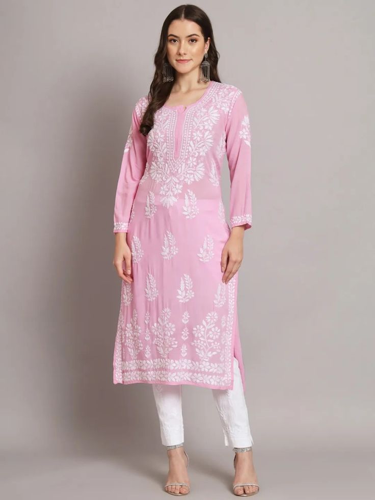BABY PINK PURE COTTON LONG HANDWORK KURTI.
