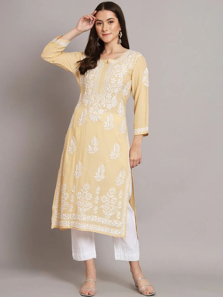 BEIGE PURE COTTON LONG HANDWORK KURTI.