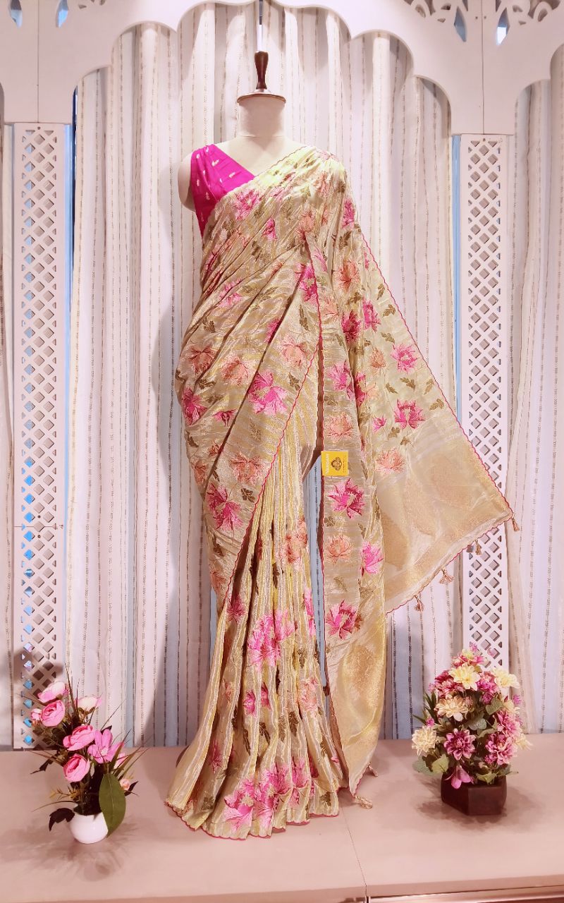 Tishu Silk Saree With Flower Embroidery view 5