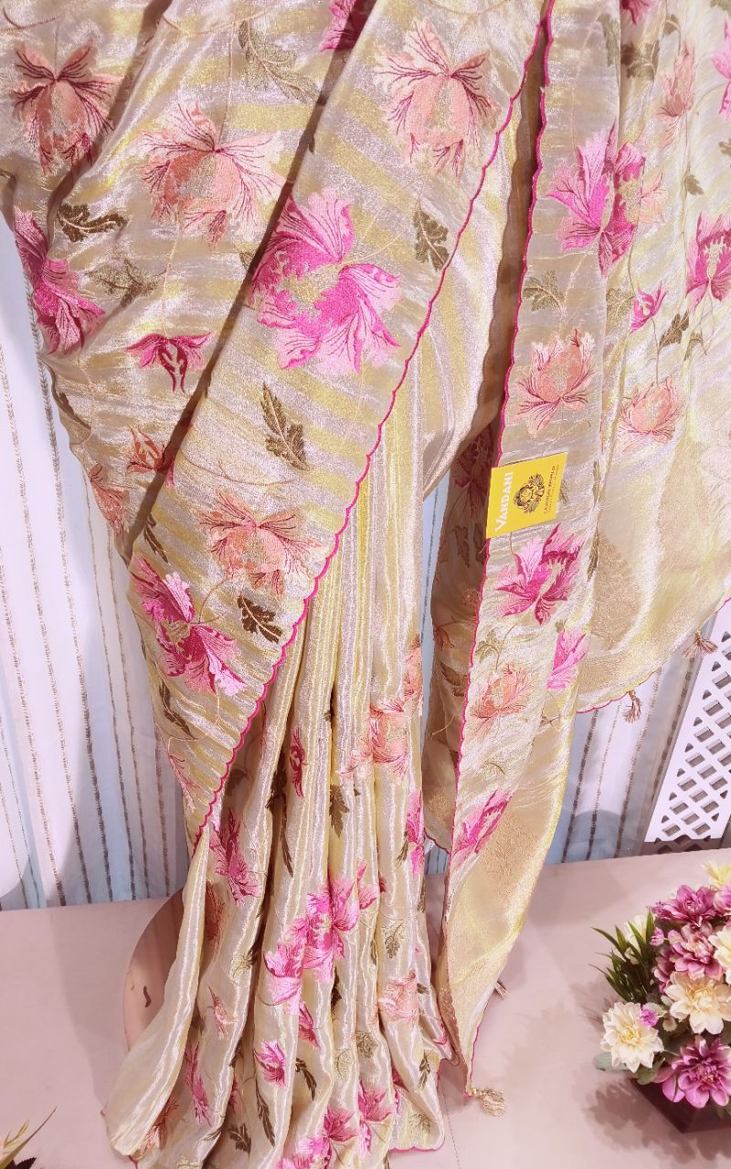 Tishu Silk Saree With Flower Embroidery view 8