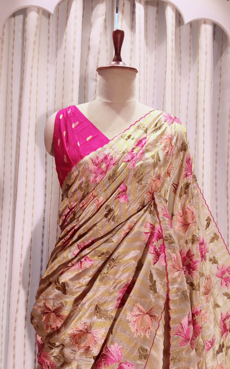 Tishu Silk Saree With Flower Embroidery view 6