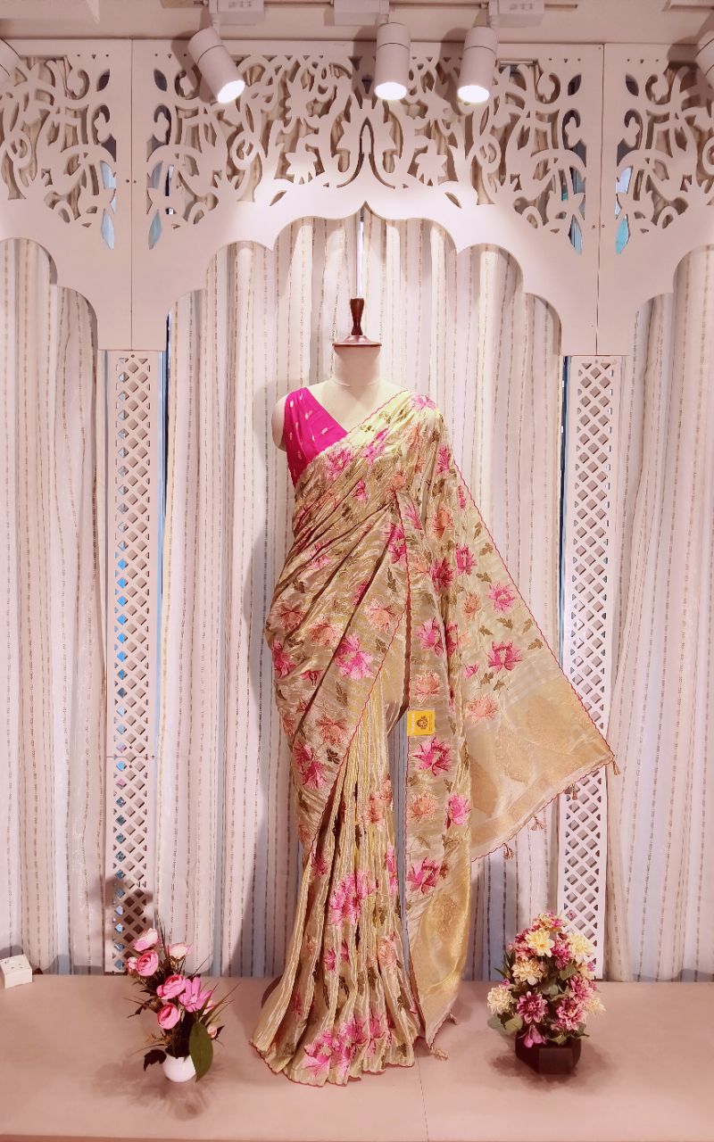 Tishu Silk Saree With Flower Embroidery view 2