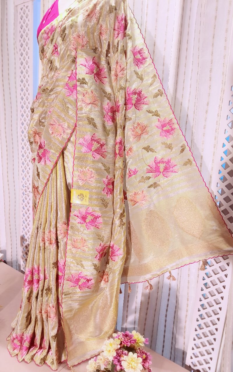 Tishu Silk Saree With Flower Embroidery view 7