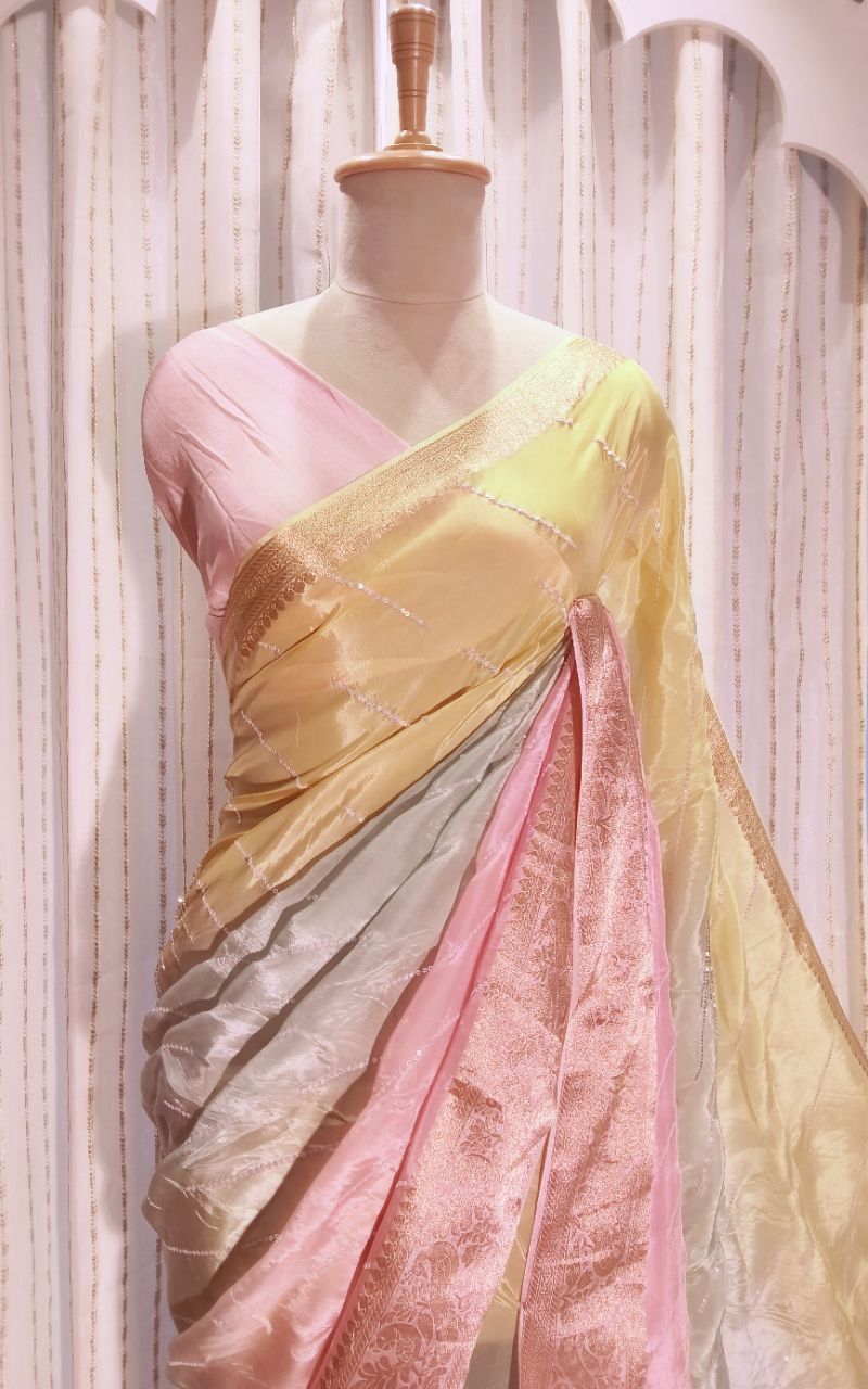 Saten Creep With Zari Border And Hand Work Full Saree view 4