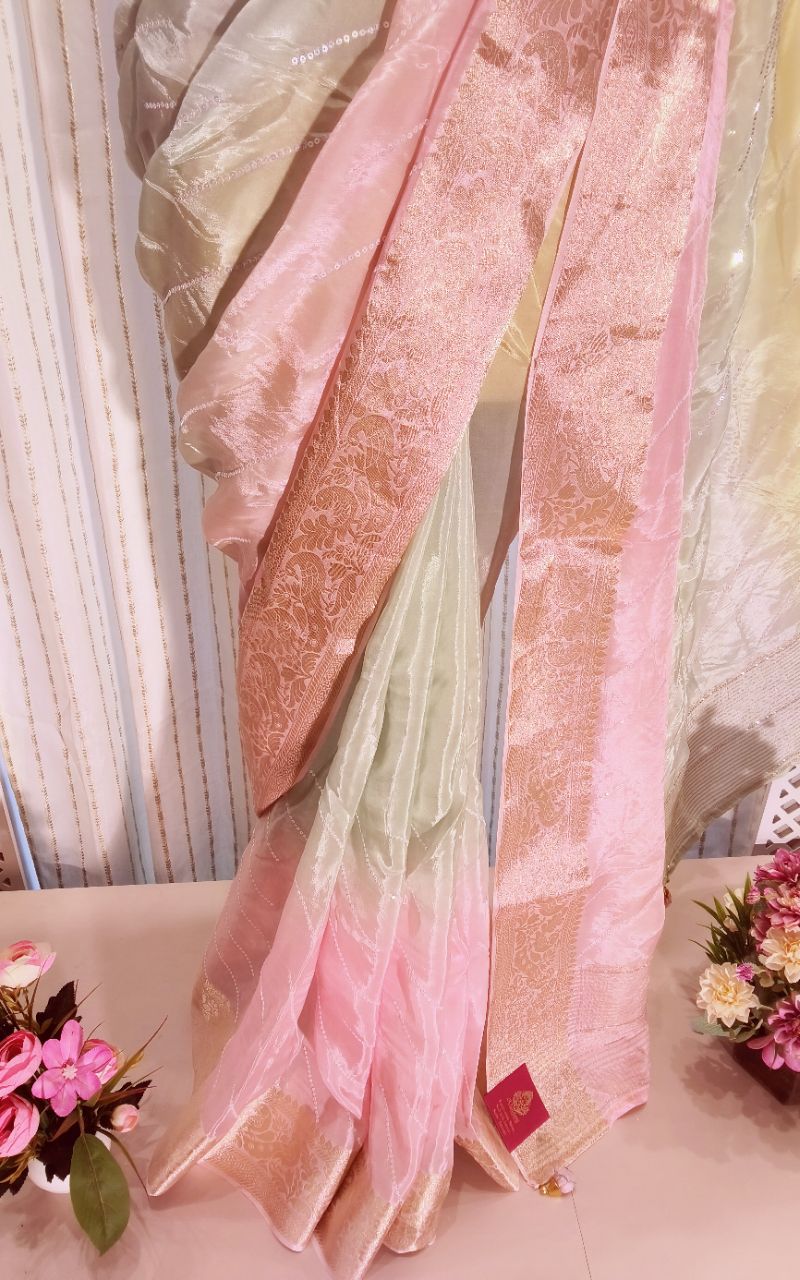Saten Creep With Zari Border And Hand Work Full Saree view 5