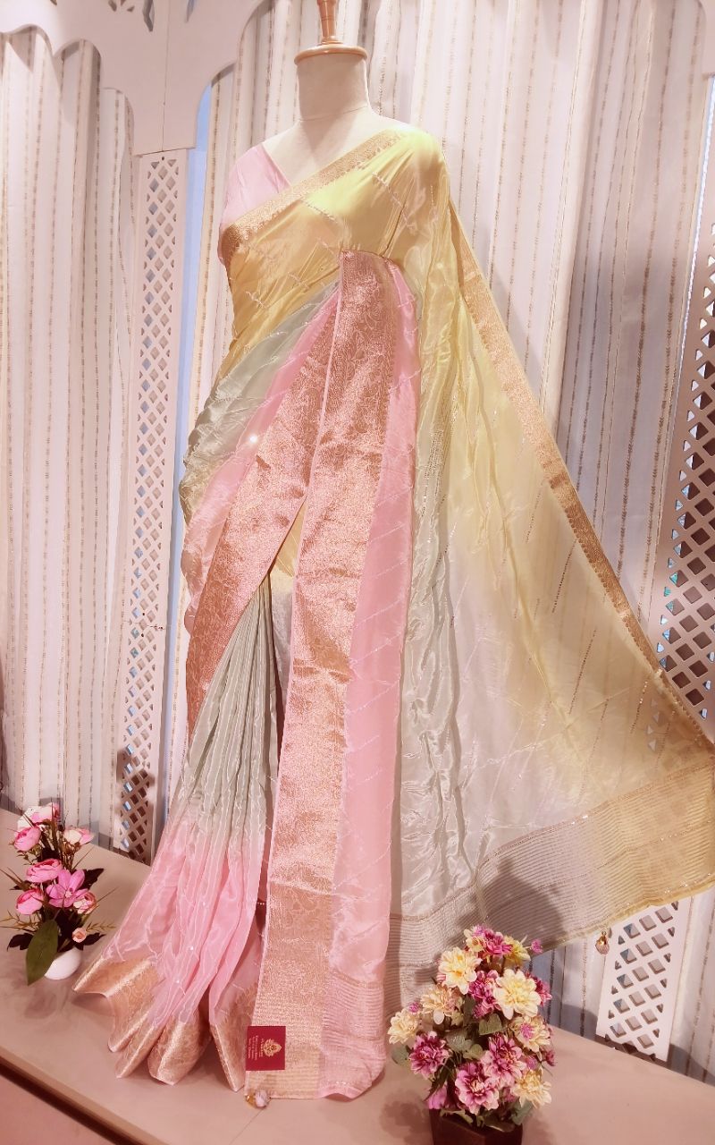 Saten Creep With Zari Border And Hand Work Full Saree view 3