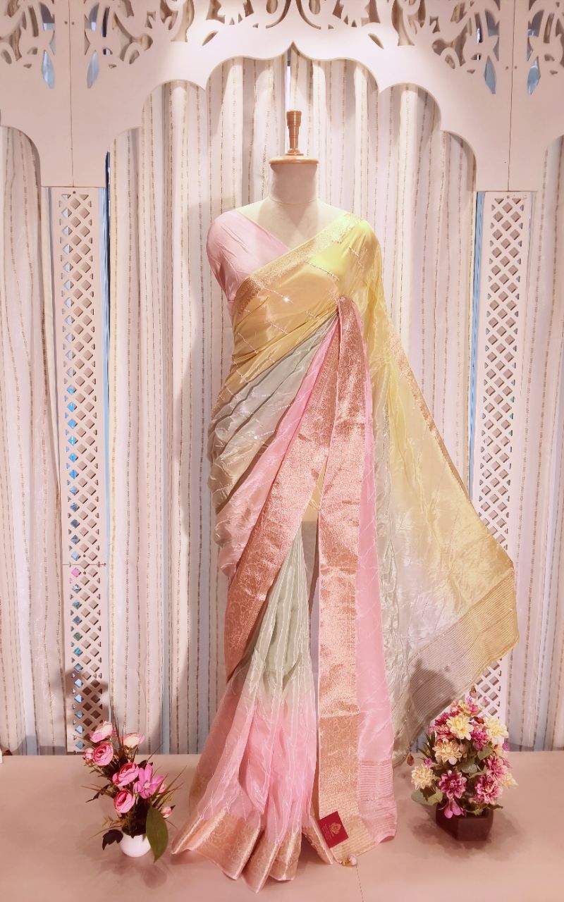 Saten Creep With Zari Border And Hand Work Full Saree view 2