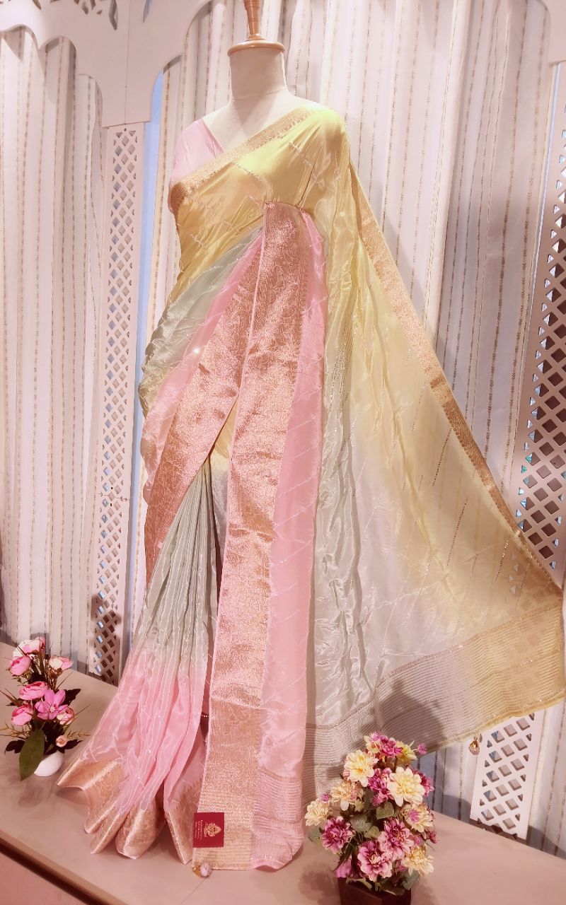 Saten Creep With Zari Border And Hand Work Full Saree view 6