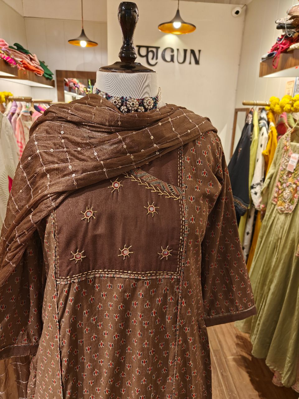 XL Peacan Brown Ajrakh Print With Mirror Highlights And Hand Embroidery Kurta Set view 7