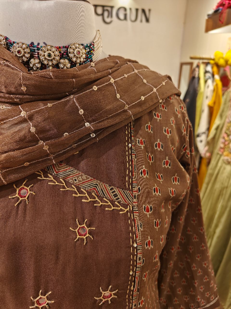 XL Peacan Brown Ajrakh Print With Mirror Highlights And Hand Embroidery Kurta Set view 8