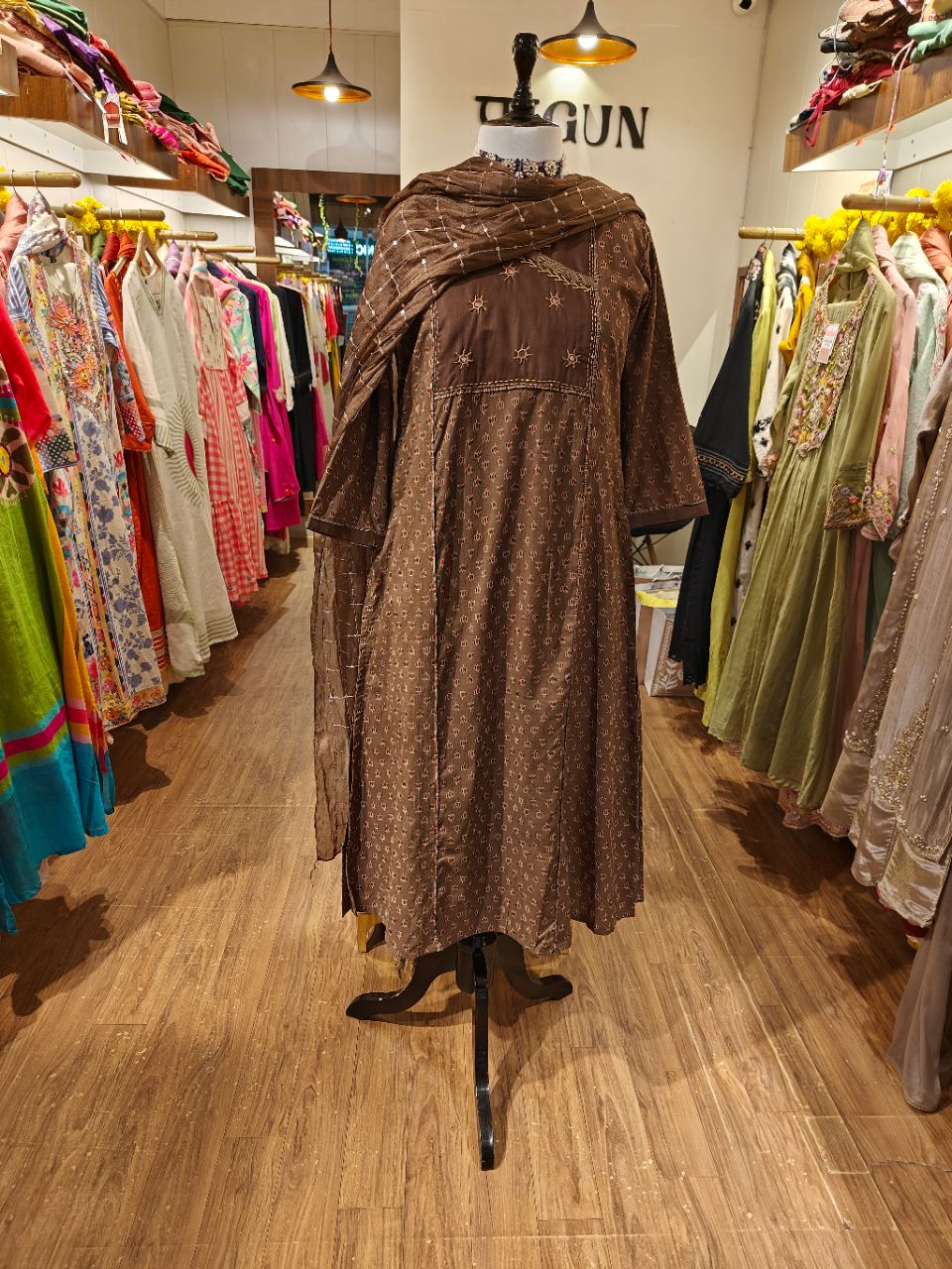 XL Peacan Brown Ajrakh Print With Mirror Highlights And Hand Embroidery Kurta Set view 6