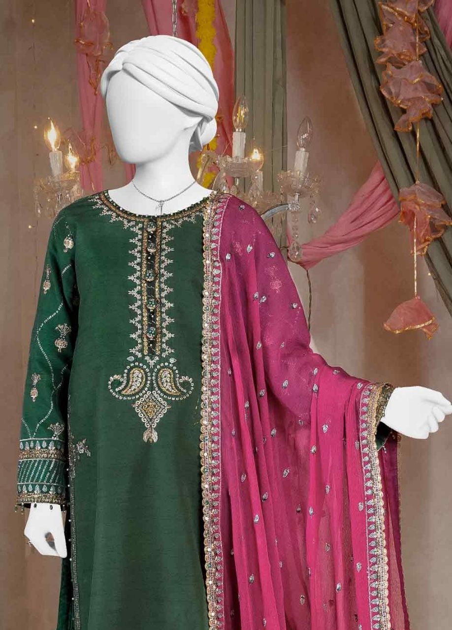 Raw Silk Mehndi Green Embroidered Suit / DF0010 view 2