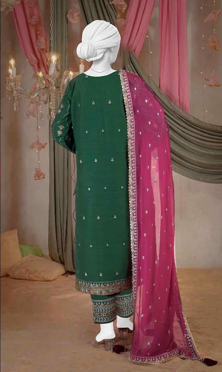 Raw Silk Mehndi Green Embroidered Suit / DF0010 view 3