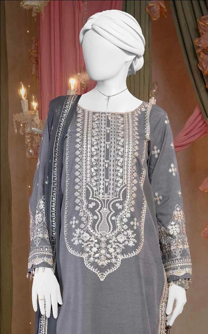 Raw Silk Light Grey Embroidered Suit / DF0010 view 2