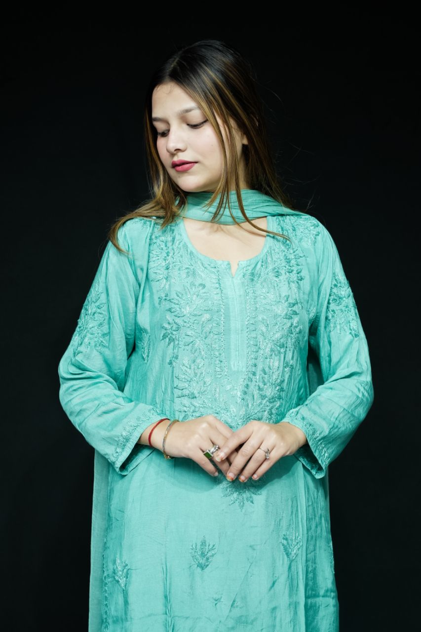 Lucknow Chikankari Hand Embroidered Muslin 3 Pc Set view 4