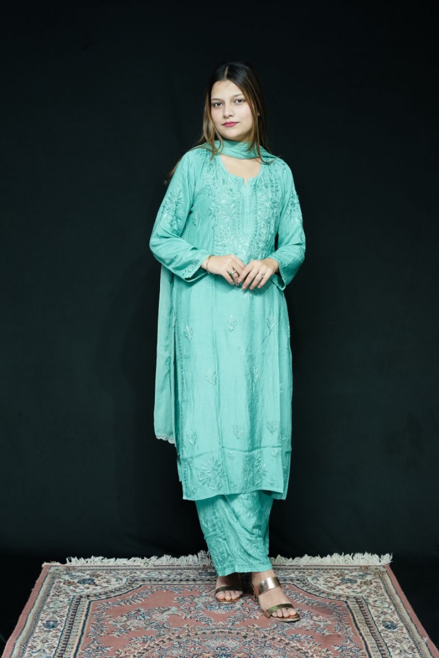 Lucknow Chikankari Hand Embroidered Muslin 3 Pc Set view 2