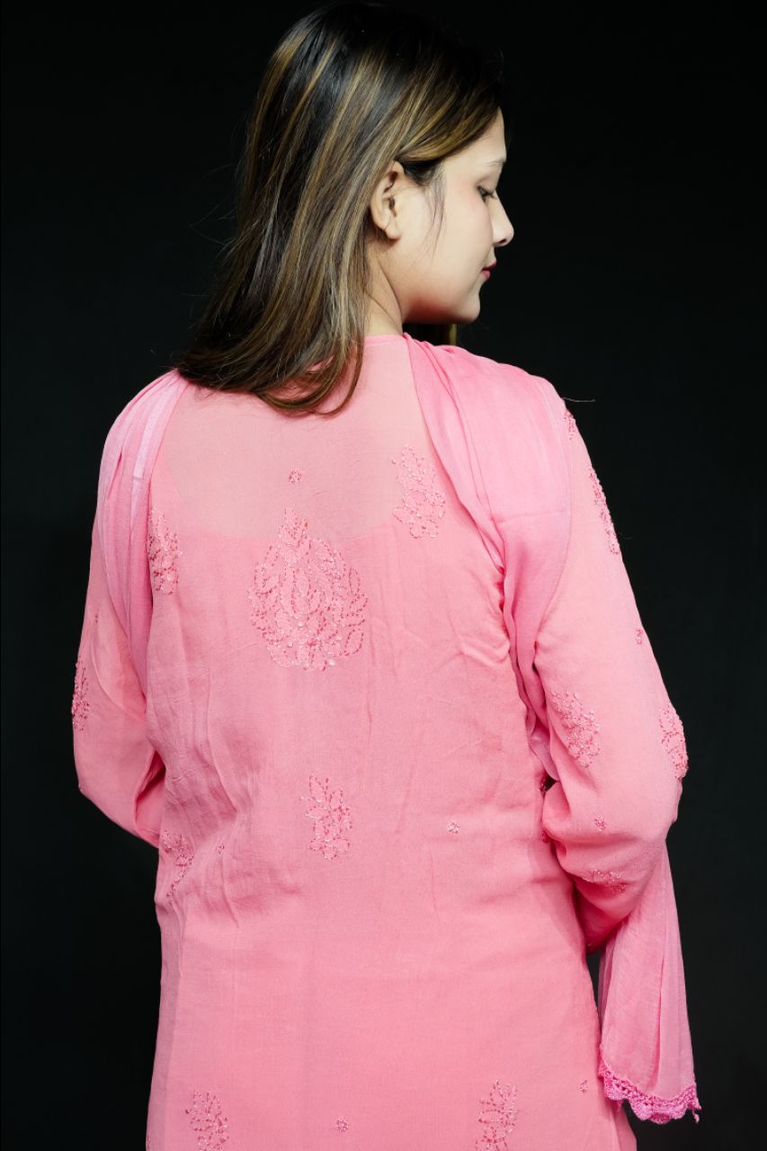 Lucknow Chikankaari Hand Embroidered Full Alower Work Viscose Georgette Kurti view 4