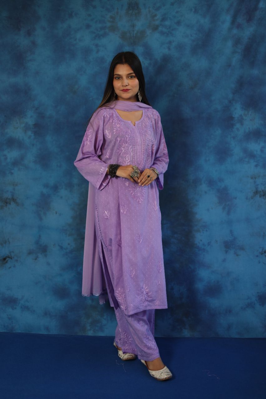 Lucknow Chikankaari Hand Embroidered Dobby Cotton Set Kurti & Plazzo view 2