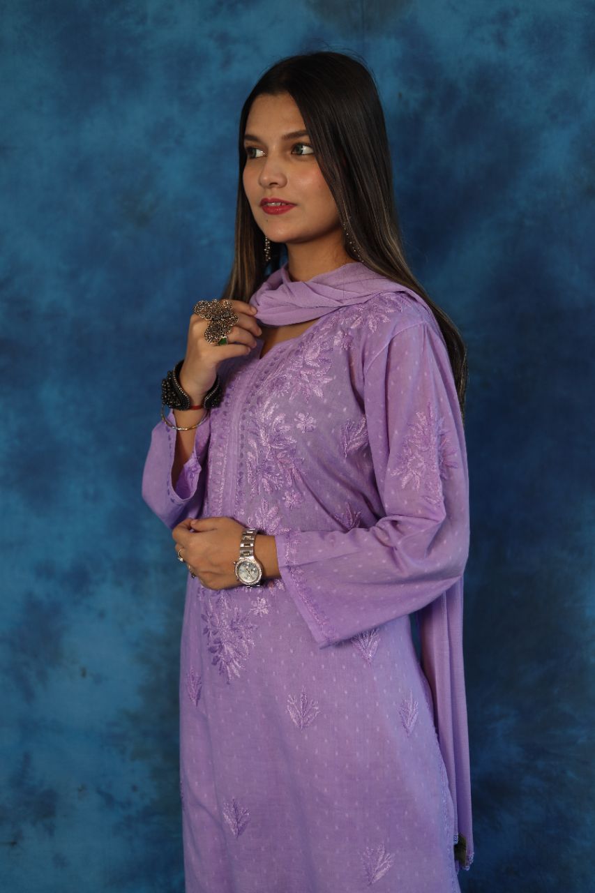 Lucknow Chikankaari Hand Embroidered Dobby Cotton Set Kurti & Plazzo view 3