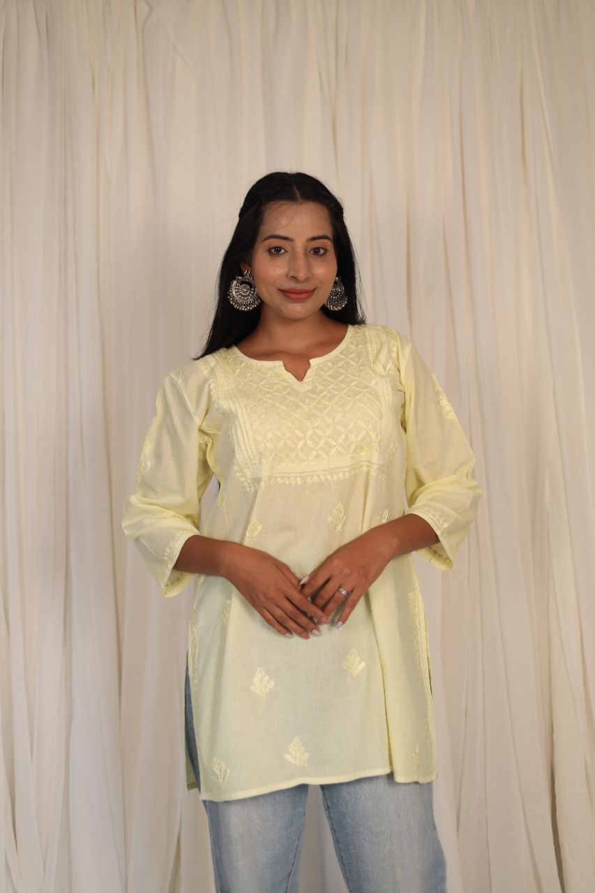 Lucknow Chikankaari Hand Embroidered Mul Cotton Short Top view 2