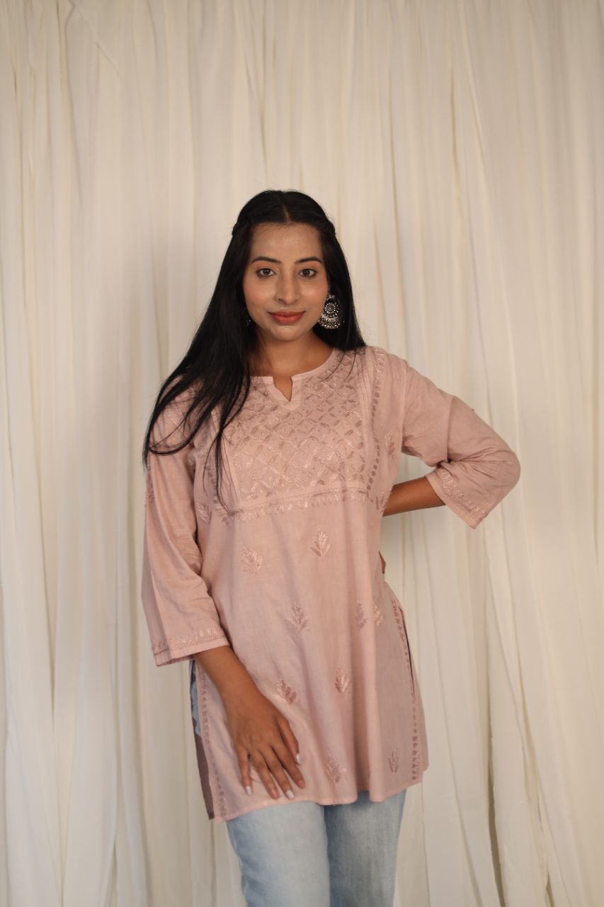 Lucknow Chikankaari Hand Embroidered Mul Cotton Short Top view 5