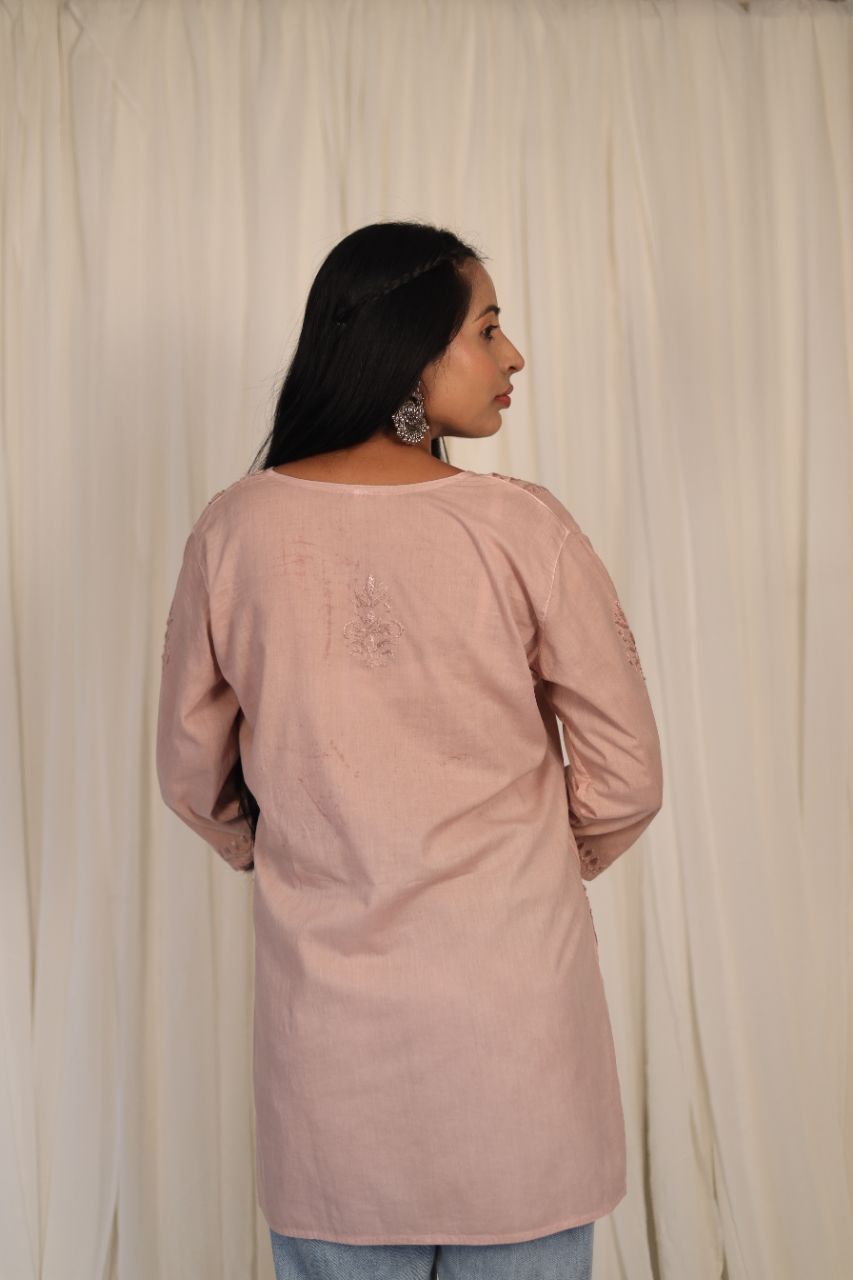 Lucknow Chikankaari Hand Embroidered Mul Cotton Short Top view 6