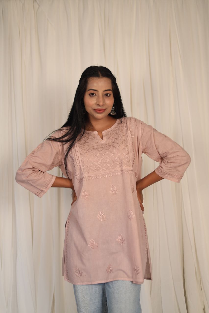 Lucknow Chikankaari Hand Embroidered Mul Cotton Short Top view 4