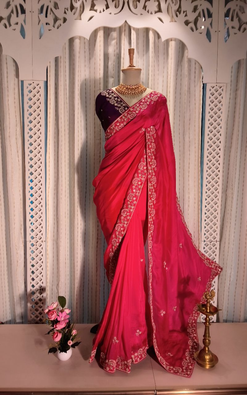 Satin Cream Designer Saree With Contrast Blouse And All Over Border Hand Work Blouse And Saree Both. view 5