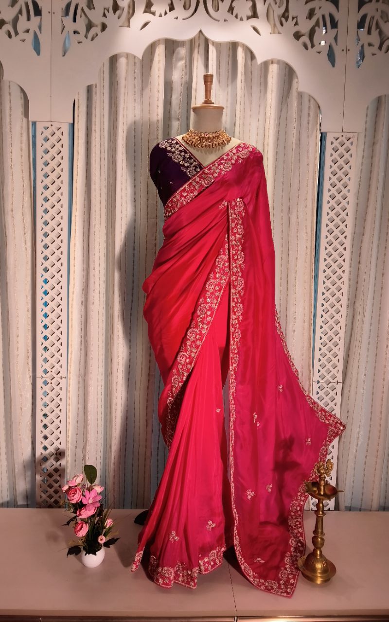 Satin Cream Designer Saree With Contrast Blouse And All Over Border Hand Work Blouse And Saree Both. view 4