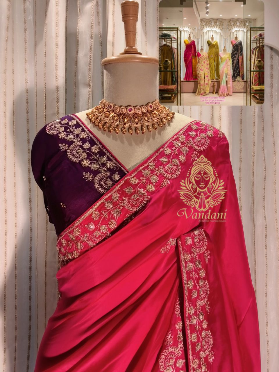 Satin Cream Designer Saree With Contrast Blouse And All Over Border Hand Work Blouse And Saree Both. view 6