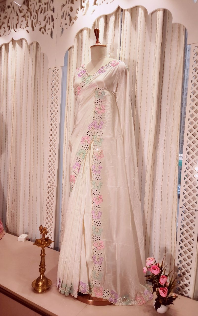 Designer Satin Creep Saree With Applic Work And Hand Work view 2