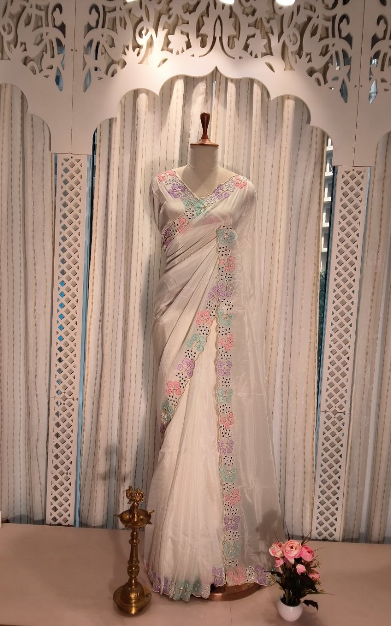 Designer Satin Creep Saree With Applic Work And Hand Work view 5