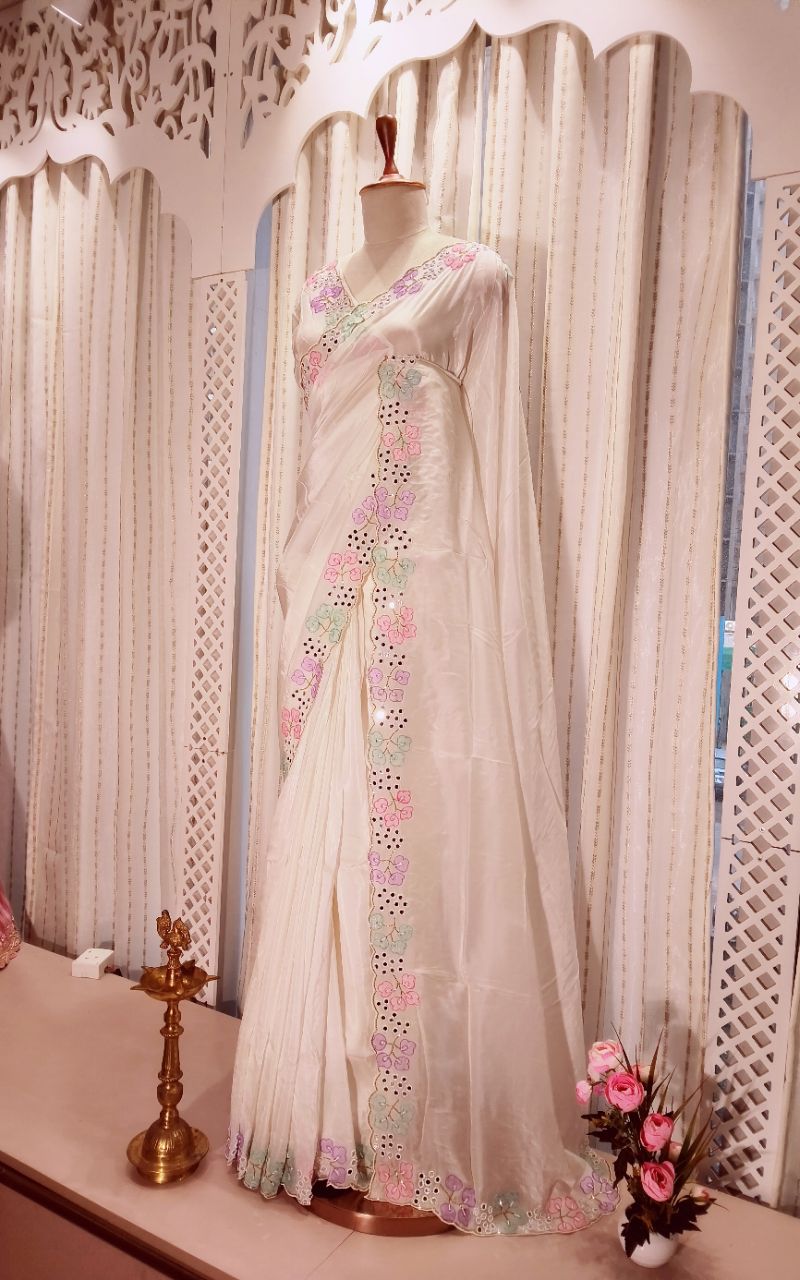 Designer Satin Creep Saree With Applic Work And Hand Work view 7