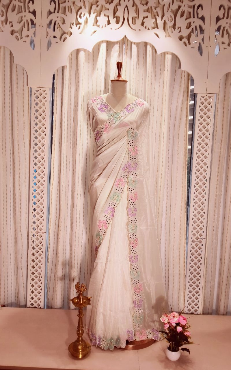 Designer Satin Creep Saree With Applic Work And Hand Work view 4
