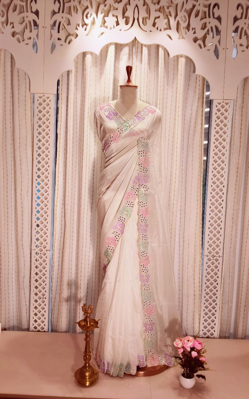 Designer Satin Creep Saree With Applic Work And Hand Work view 6