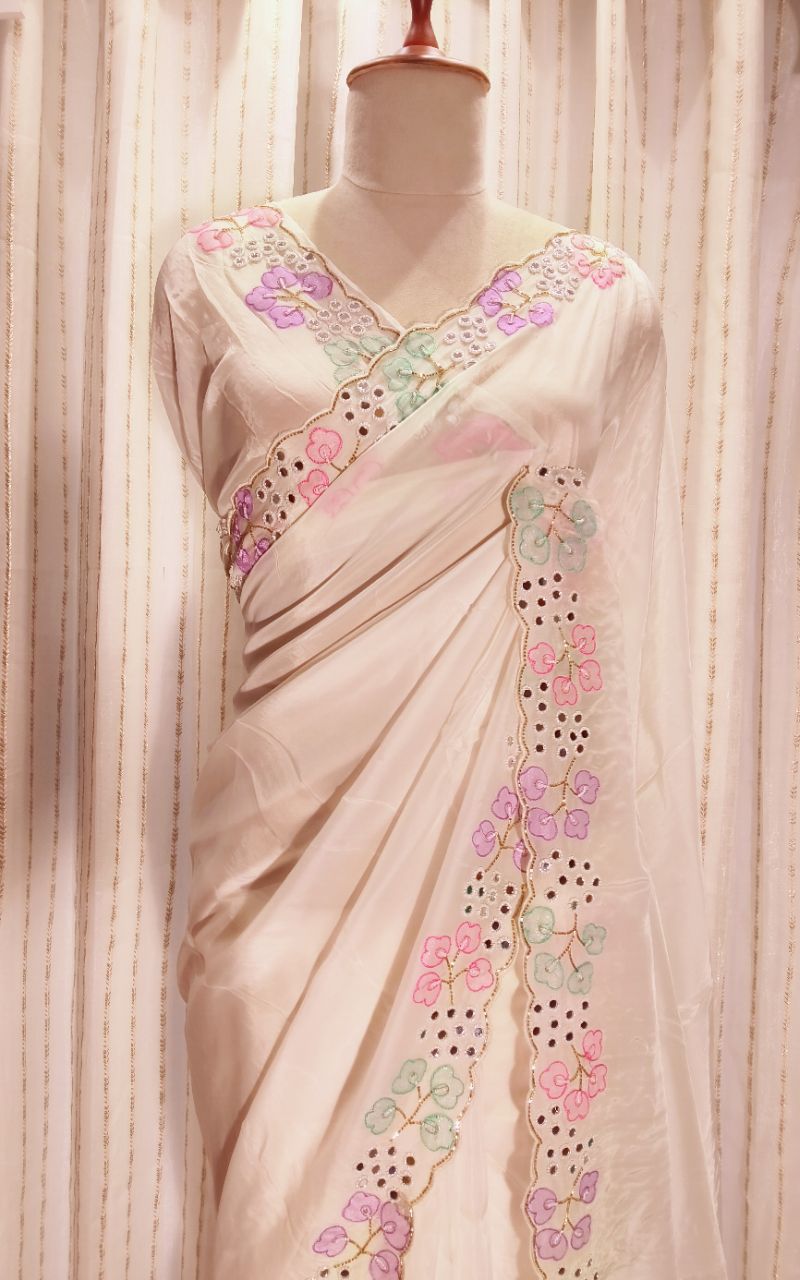 Designer Satin Creep Saree With Applic Work And Hand Work view 9