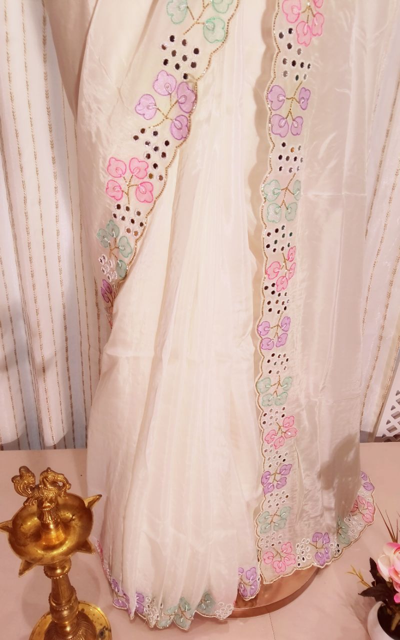 Designer Satin Creep Saree With Applic Work And Hand Work view 8