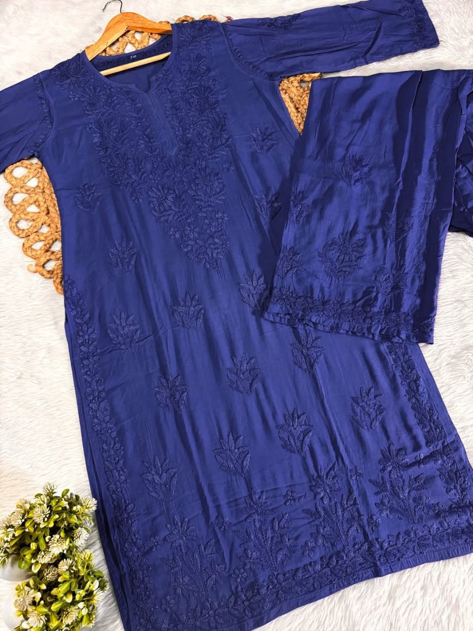 PURE MODAL TONE TO TONE LONG HANDWORK KURTI PLAZO SET IN BEAUTIFUL SHADES.🌷🌸