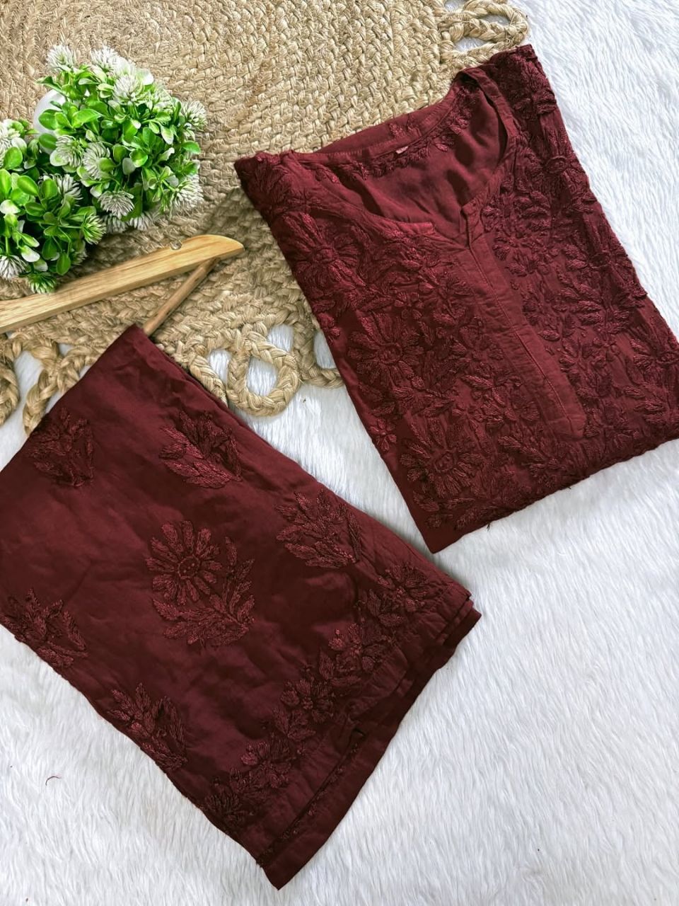 PURE MODAL TONE TO TONE LONG HANDWORK KURTI PLAZO SET IN BEAUTIFUL SHADES.🌷🌸 view 3