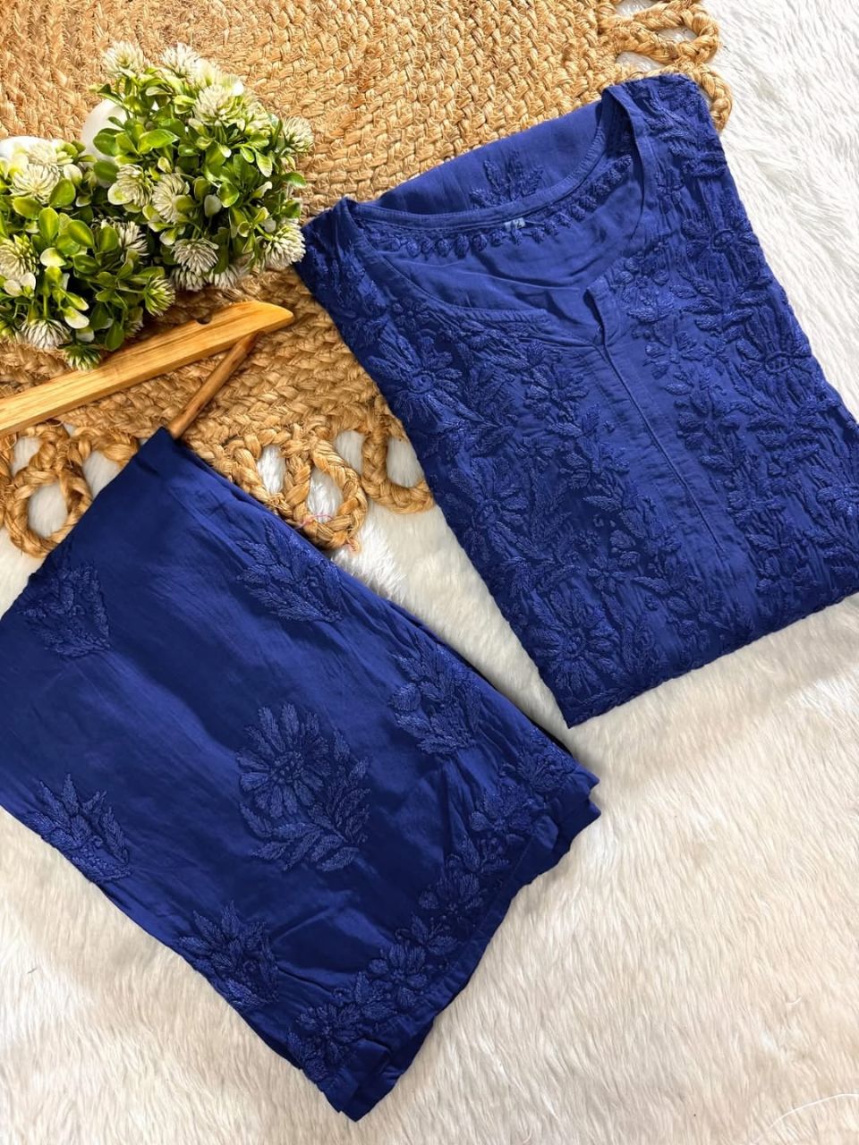 PURE MODAL TONE TO TONE LONG HANDWORK KURTI PLAZO SET IN BEAUTIFUL SHADES.🌷🌸 view 2