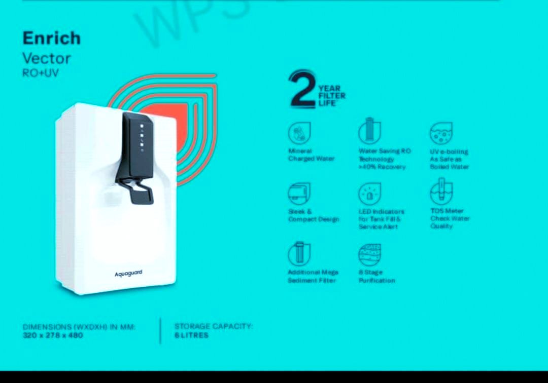 Aquaguard Vector RO+UV+MC 2X Water Purifier | 2 Year Filter Life | With Mega Sediment Filter