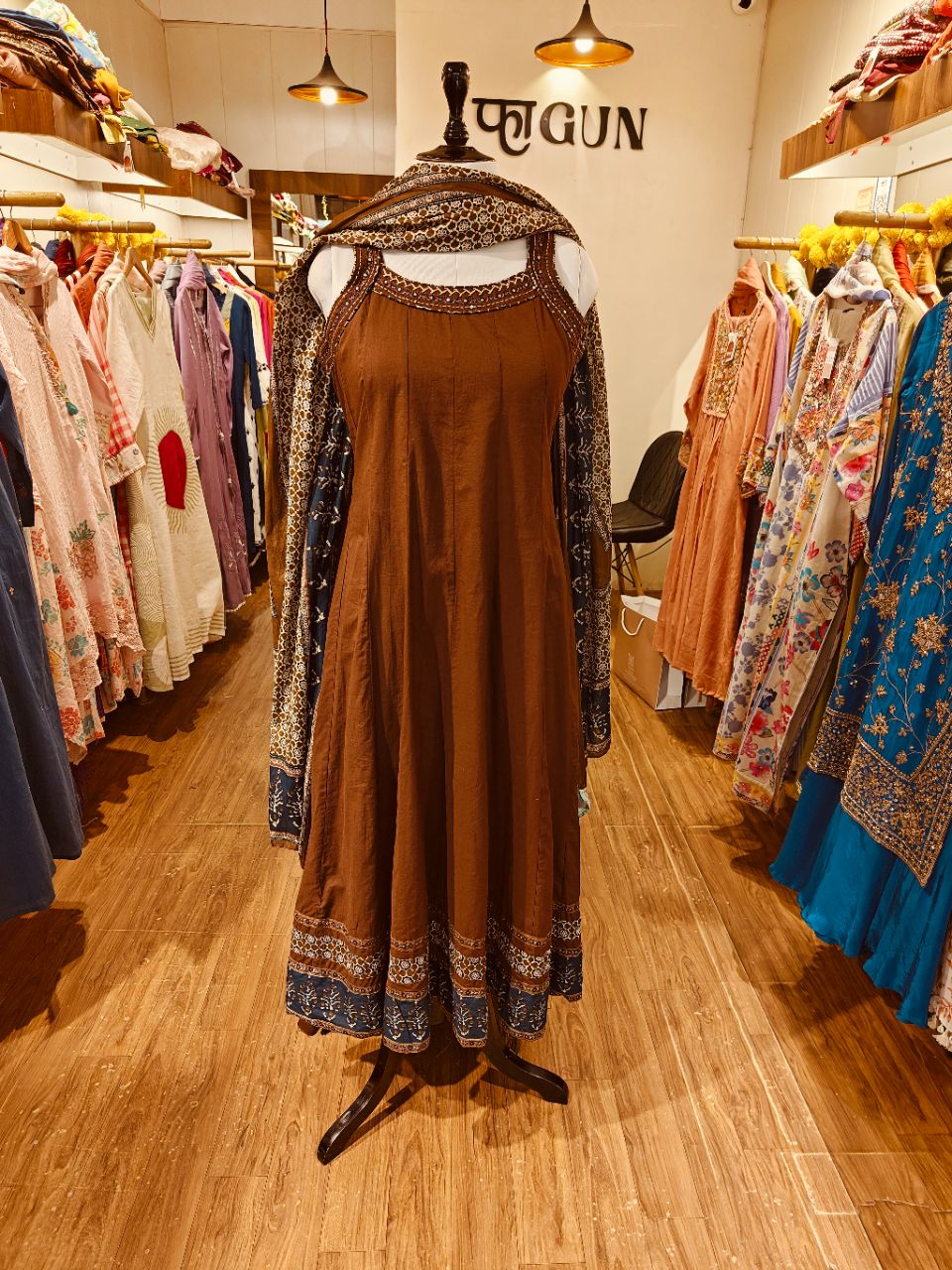 2XL Brown Ajrakh Print Anarkali With Shoulder Strap Pattern view 4