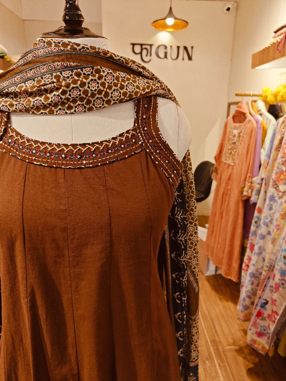 2XL Brown Ajrakh Print Anarkali With Shoulder Strap Pattern view 5
