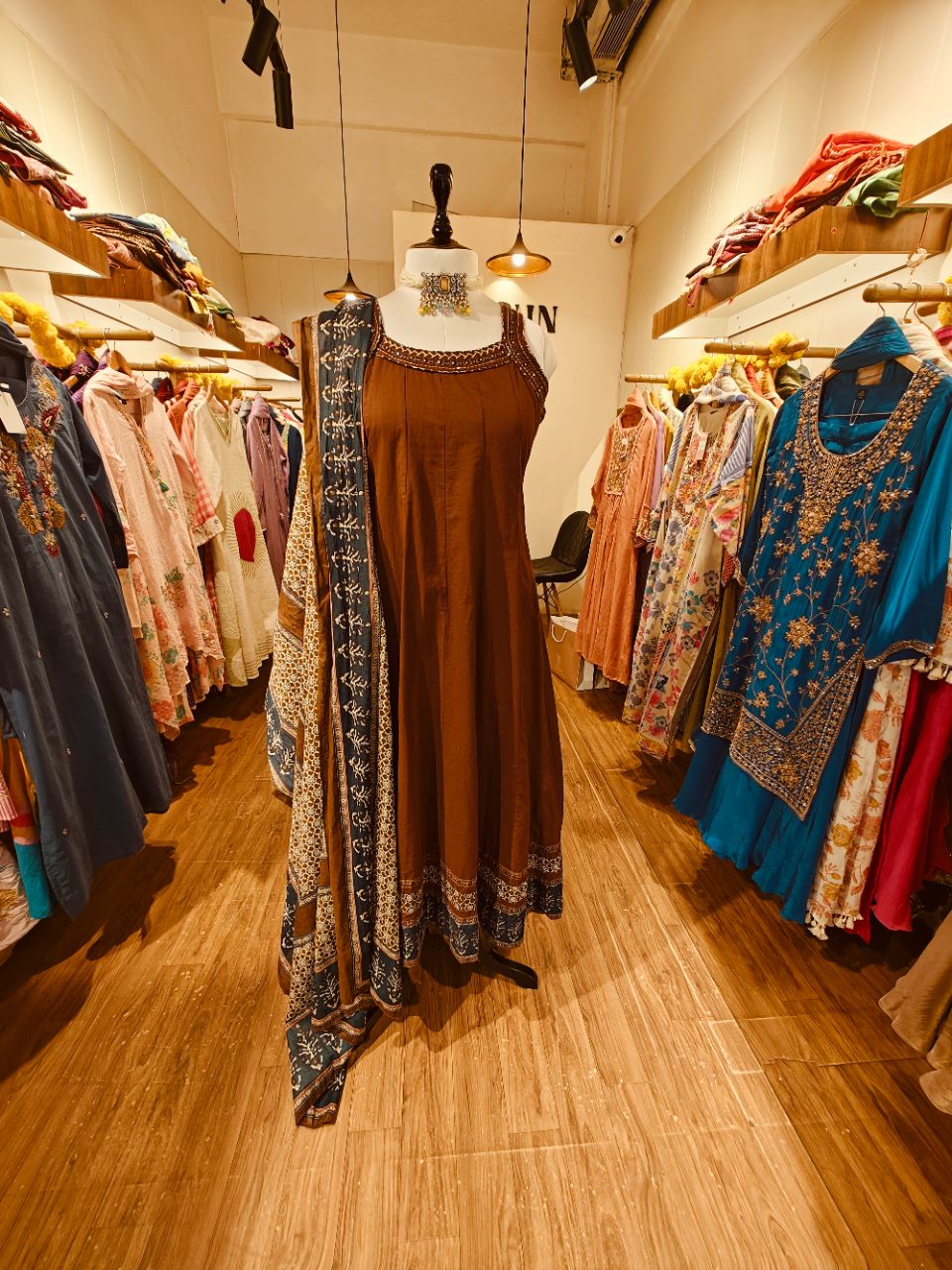 2XL Brown Ajrakh Print Anarkali With Shoulder Strap Pattern view 6