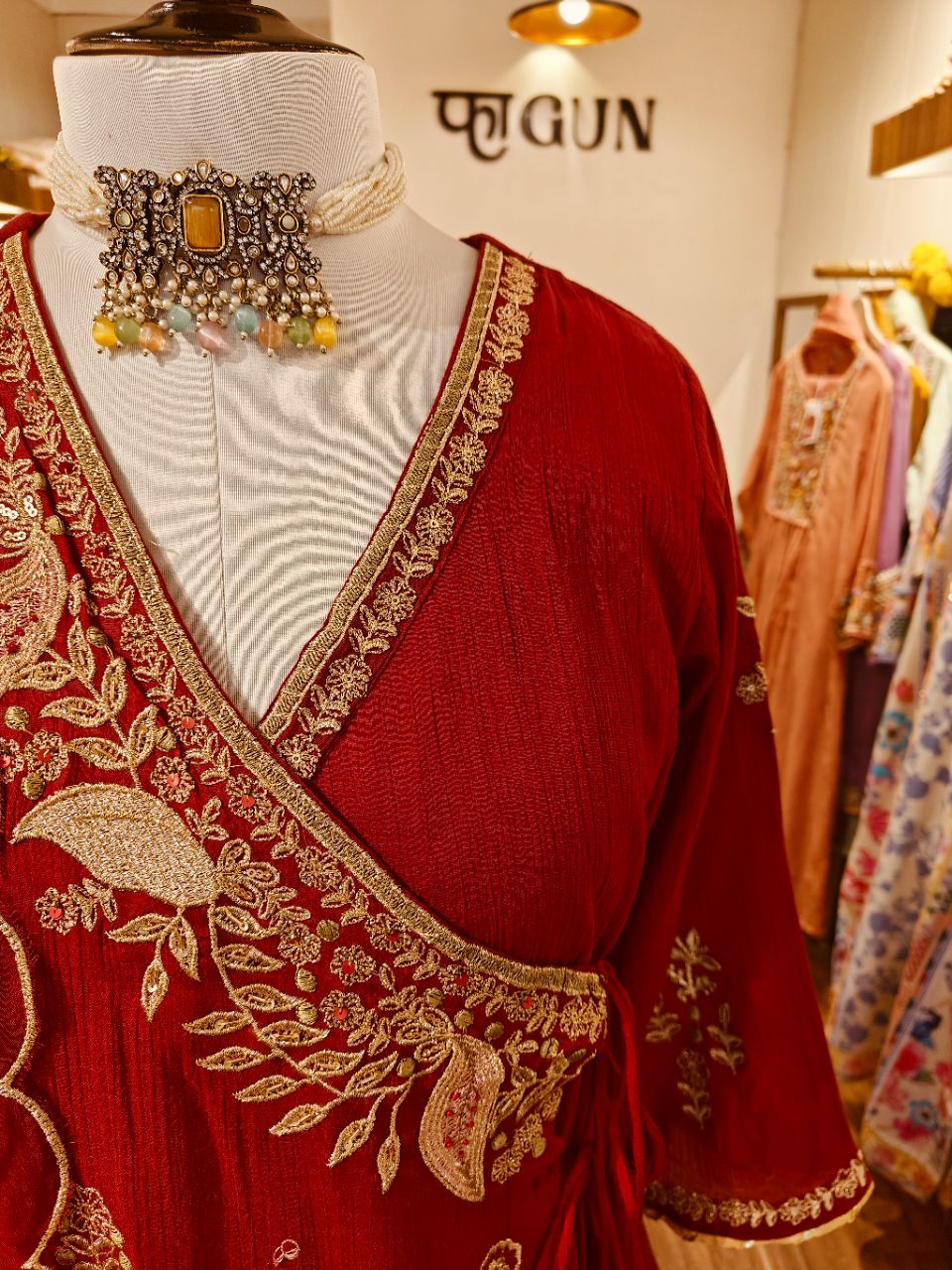 XL Red Crush Crepe Angrakha With Hand Details Nakashi Work view 6