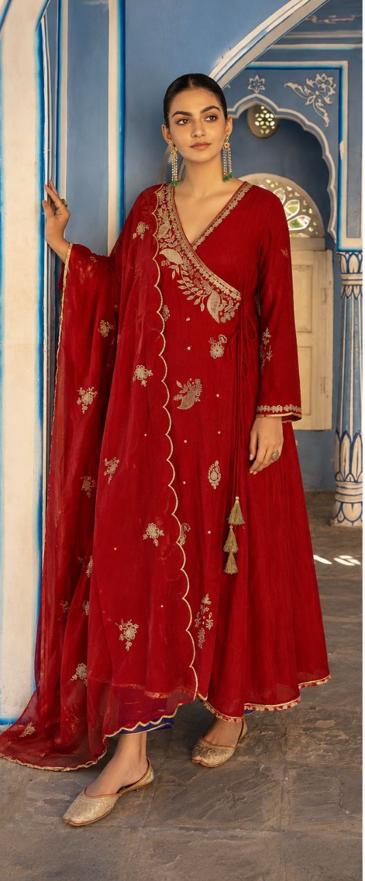 XL Red Crush Crepe Angrakha With Hand Details Nakashi Work