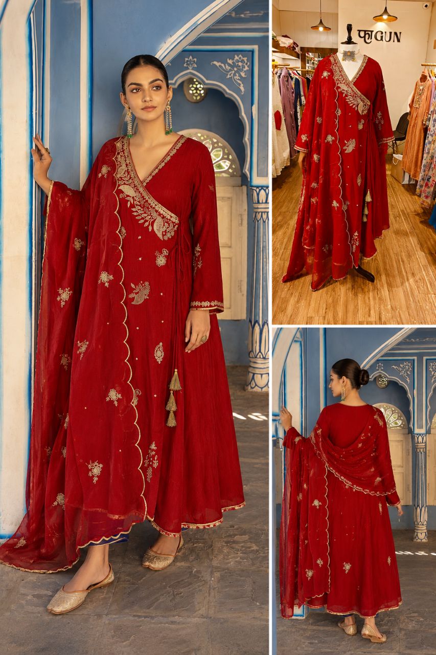 XL Red Crush Crepe Angrakha With Hand Details Nakashi Work view 2