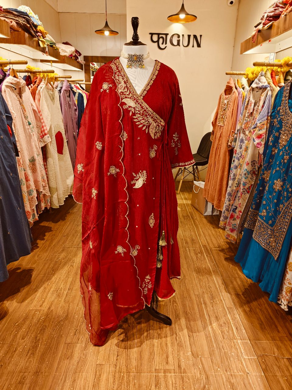 XL Red Crush Crepe Angrakha With Hand Details Nakashi Work view 4